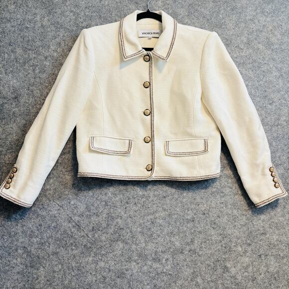 Veronica Beard Jacket Womens 12 Ivory Tweed Trim Makayla Gold Button Blazer - Picture 1 of 14